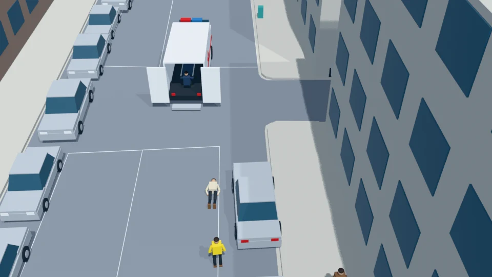 Ambulance is stopped; crew and equipment are present inside the rear compartment; a bystander watches the fainted adult
