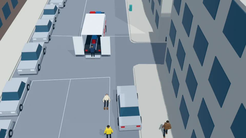 The leading carrier has stepped down; the rear carrier lowers the shared stretcher through the doorway