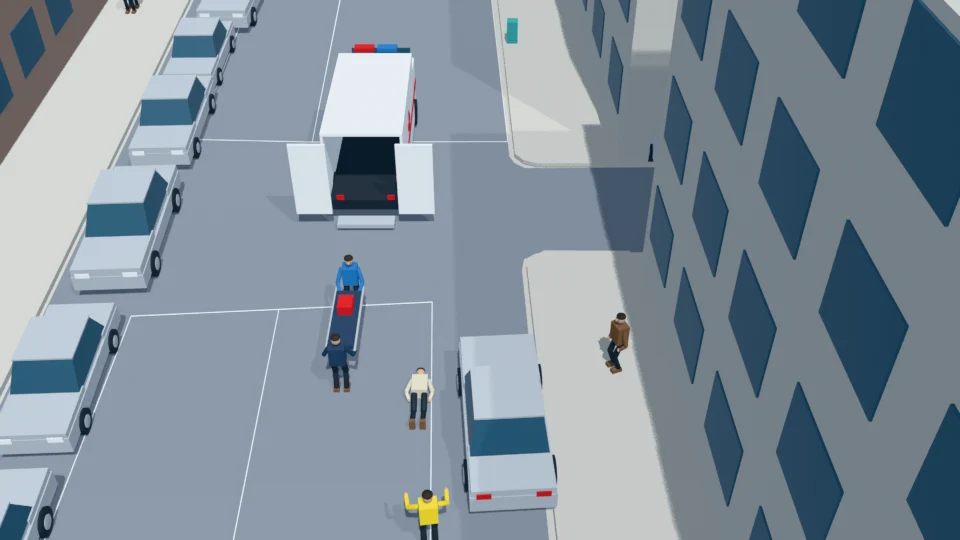 The synchronized carriers approach the patient with the stretcher and secured medical kit