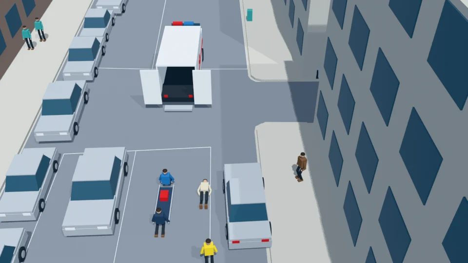 The stretcher is lowered onto the road beside the patient