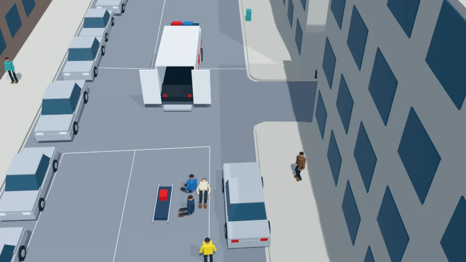 Care continues beside the stationary ambulance; the patient and equipment remain present and ego does not resume