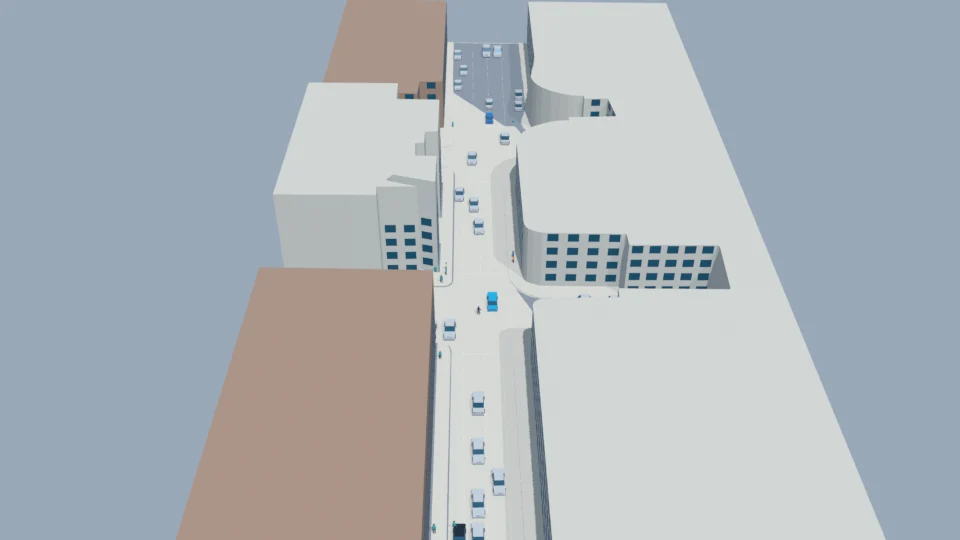 Pedestrians remain on sidewalks, officer remains outside the ego corridor, and cars continue away.