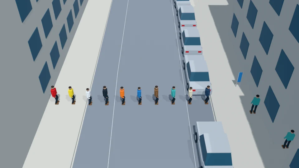 Ten spectators wait in one north-south line spanning the road and sidewalk edges.