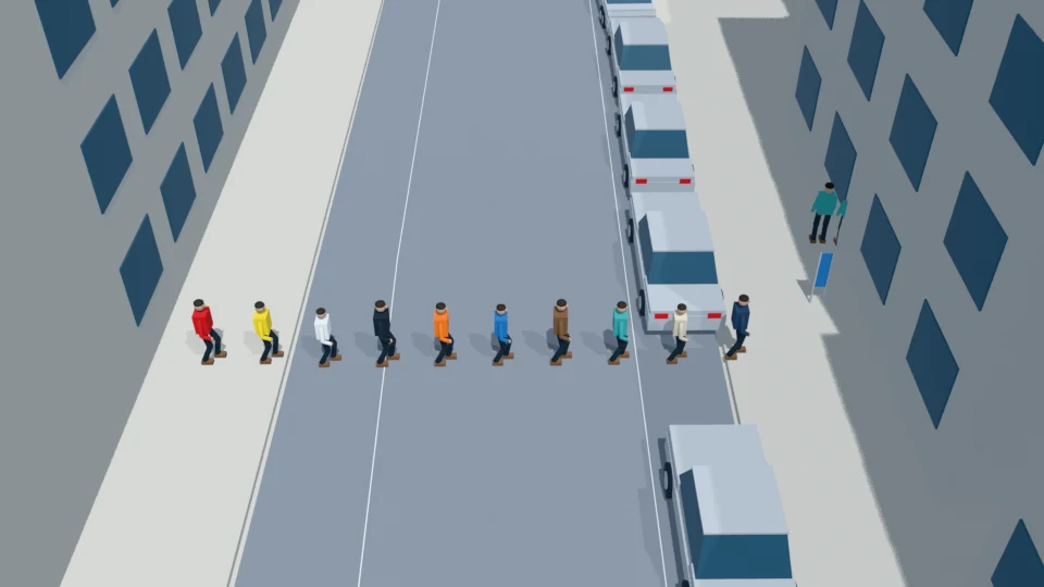 The line advances while spectators continue occupying the ego corridor.