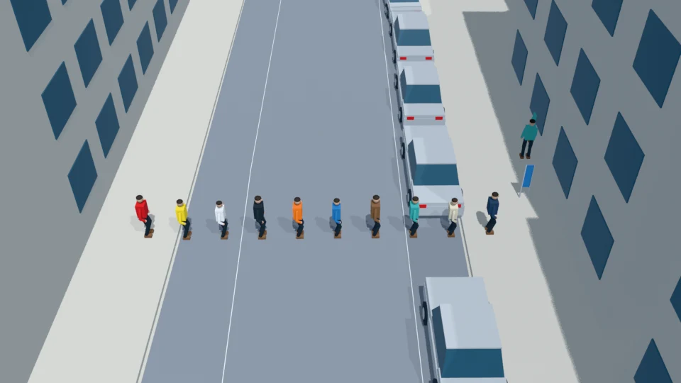 First 1.3-metre advance ends; all ten spectators wait without changing order.