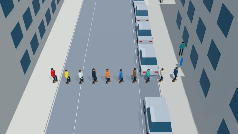 Spectators shuffle south together while the road remains blocked.
