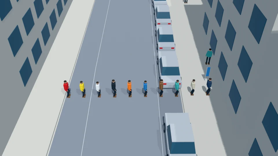 All ten spectators remain outside in the queue; persistent road obstruction prevents ego release.