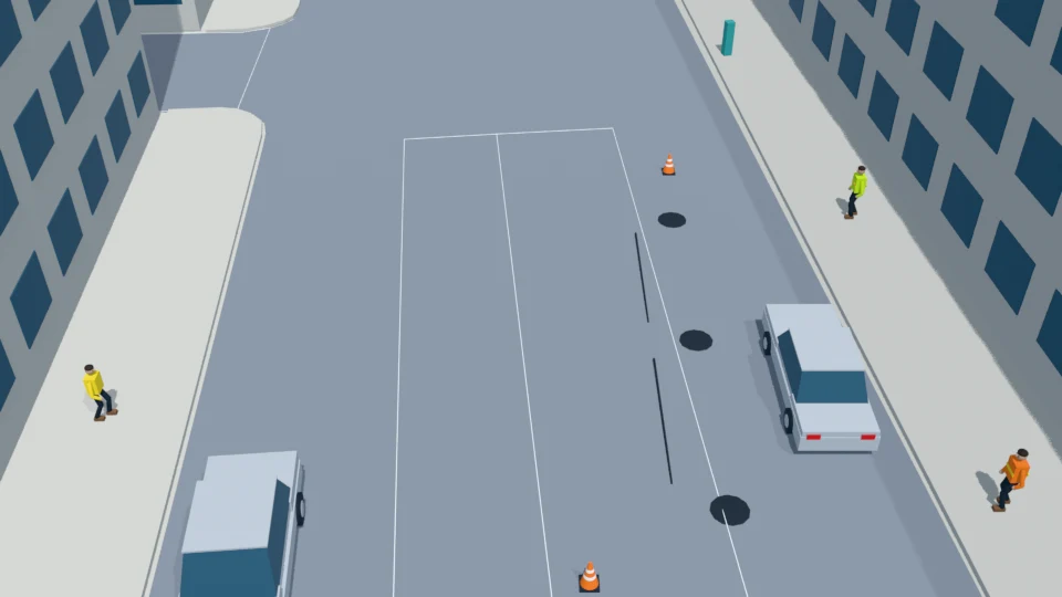 Crew approaches separate work stations; three cones already mark the maintenance area.