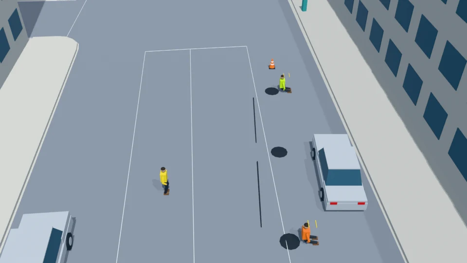 Two workers inspect the first and third access covers while the cable technician approaches.