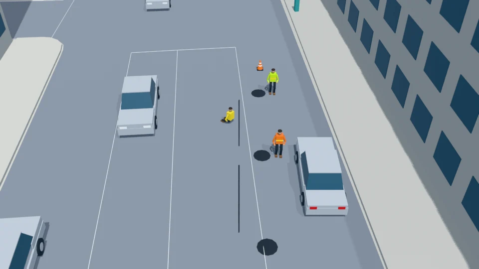 Both cover workers move west in separated paths toward their next stations.