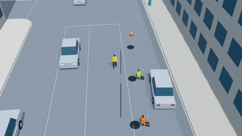 First worker revisits cover A, third worker inspects cover B, and cable technician returns toward the first run.