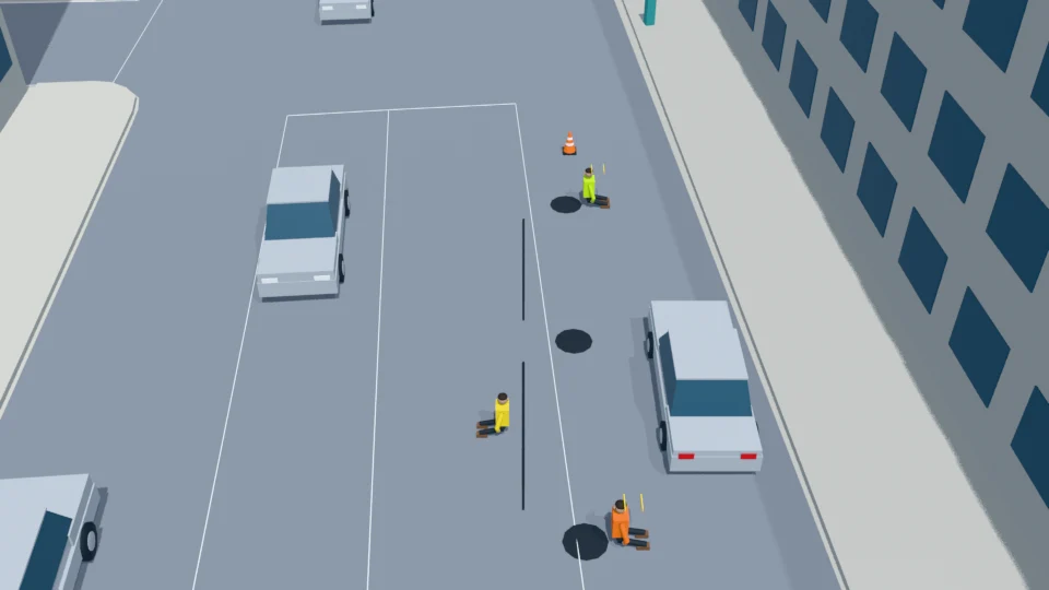 Third worker has returned to cover C; the other workers continue their inspections.
