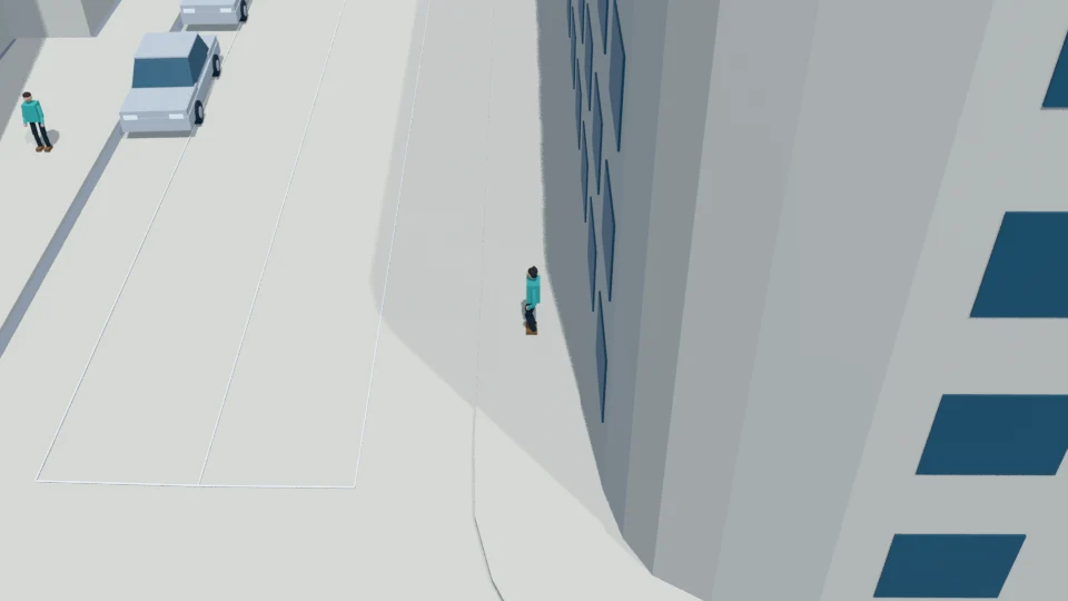 The pedestrian begins walking directly north toward the road.