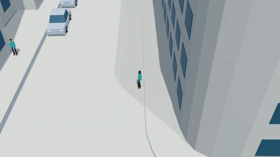 An authored brief warning receives no visible response as the pedestrian enters the roadway.