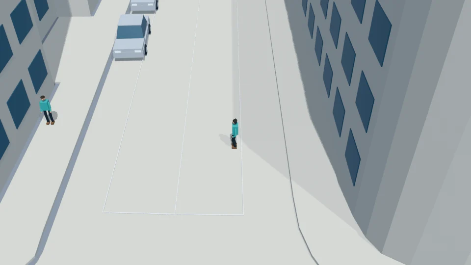 The pedestrian walks through the ego corridor without stopping or turning the head.