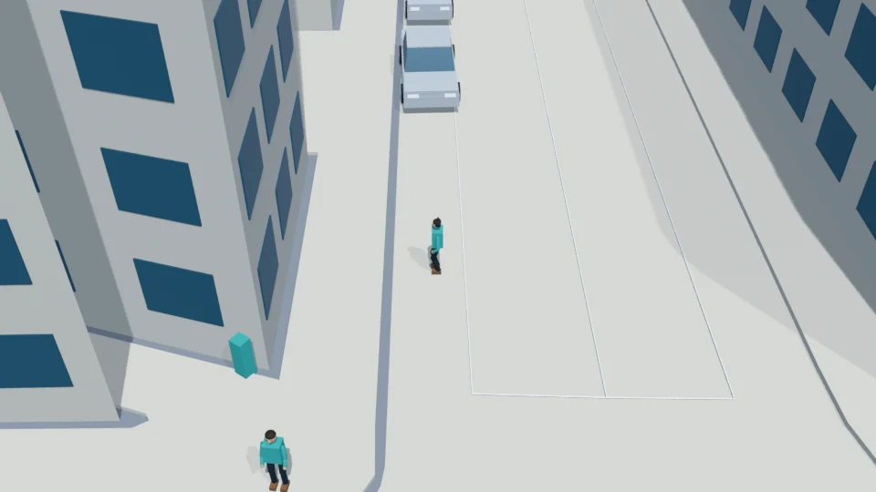 The pedestrian continues toward the north curb at a steady walking pace.