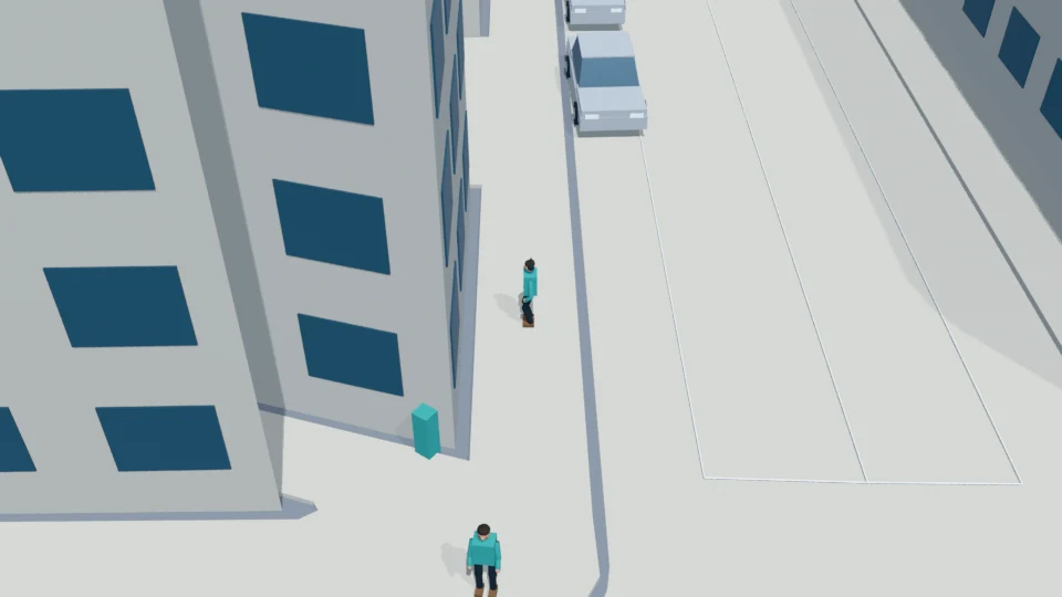 The pedestrian finishes the crossing and stops fully on the north sidewalk.