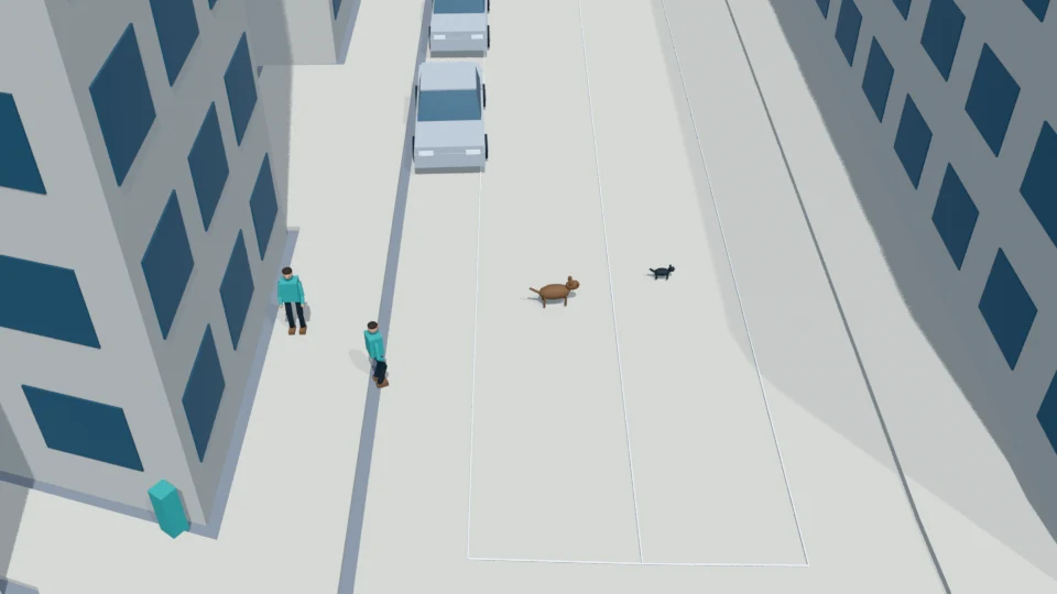 Cat crosses the ego corridor with the dog following behind