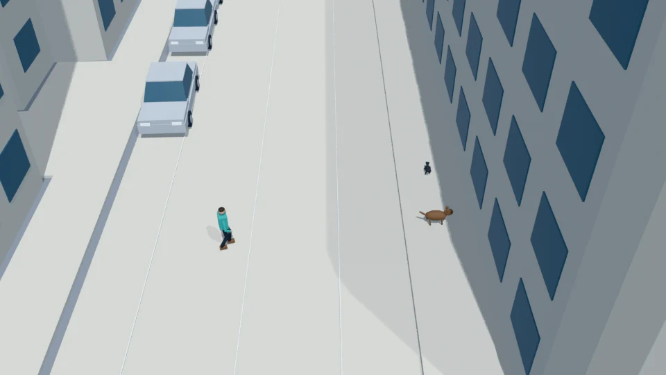 Dog stops on the south sidewalk as the cat turns east and escapes