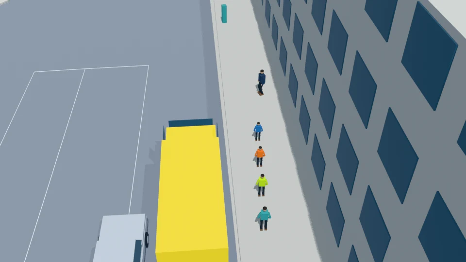 Leading pupil approaches the bus nose at walking speed