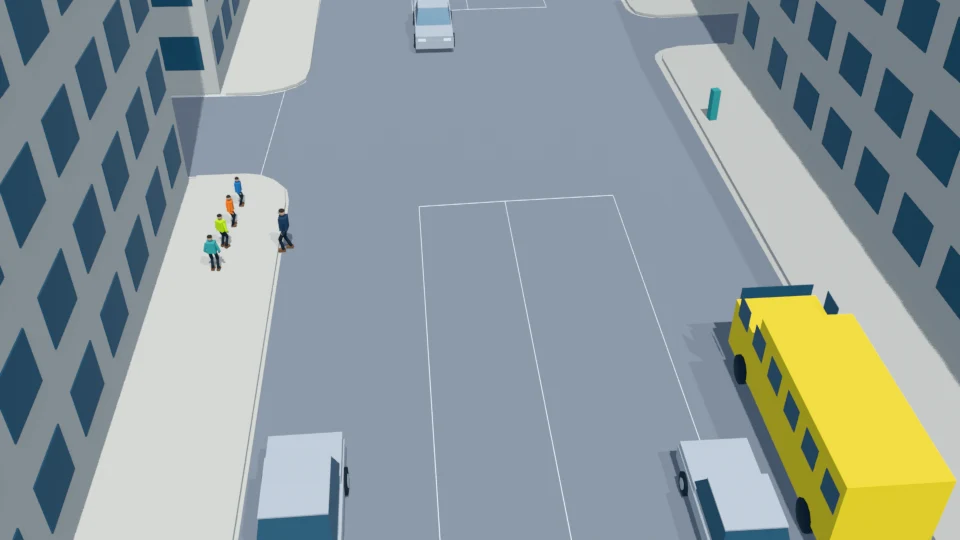 All four pupils reach distinct waiting positions on the north sidewalk