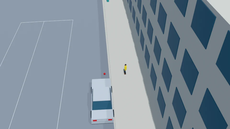 The ball is already rolling north from the roadway edge while the child waits on the south sidewalk.