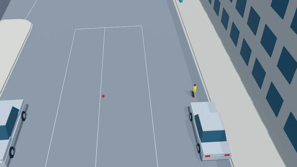 The ball comes to rest near the geometric center of the road.
