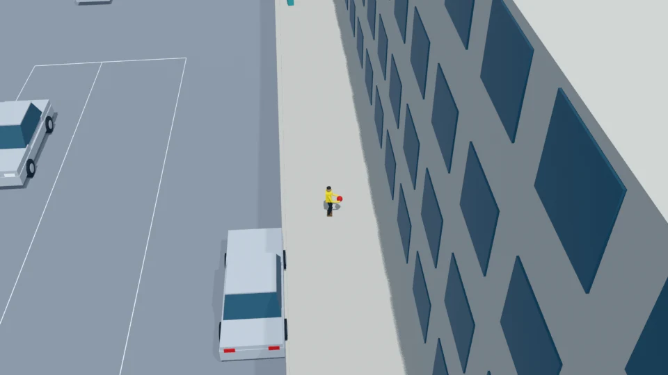 The child and held ball have returned fully to the south sidewalk.