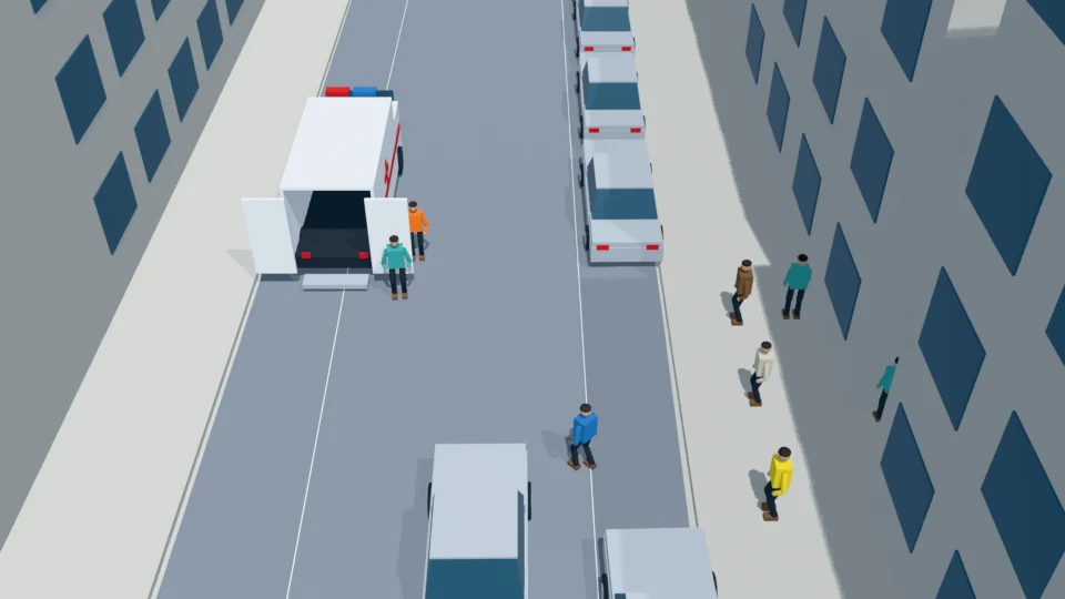 Adult walks diagonally through the road; ambulance is already parked nearby
