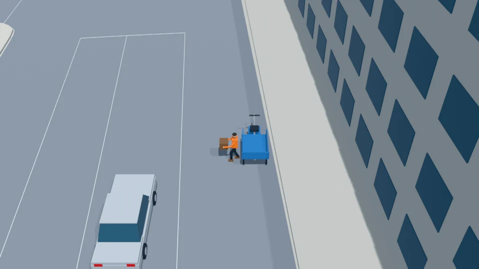 Courier finishes turning north and starts running with the parcel