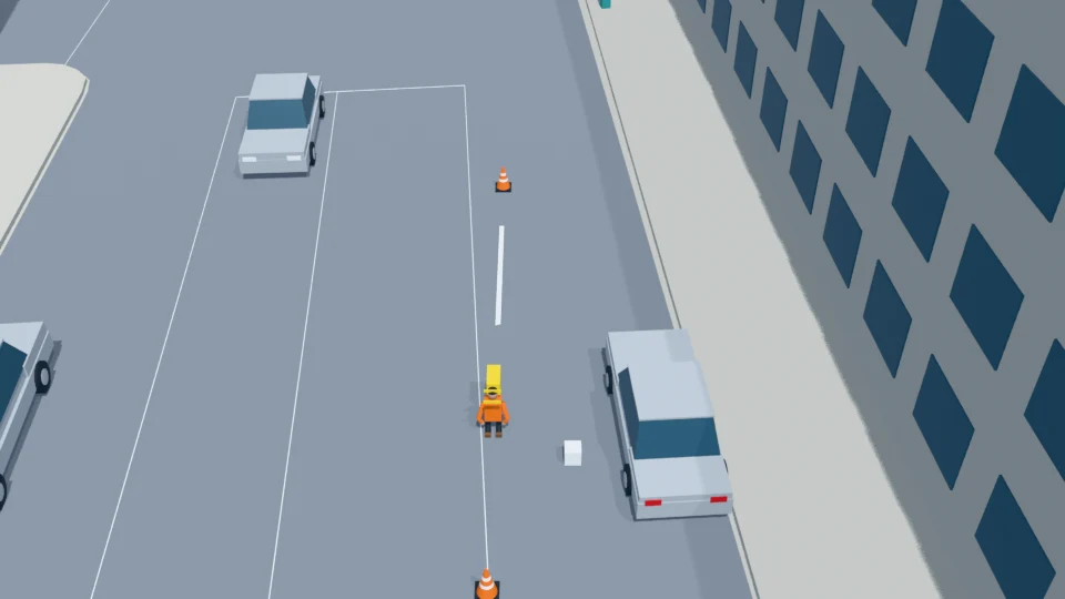 Half-crouched road-marking worker overlooking rear traffic rehearsal