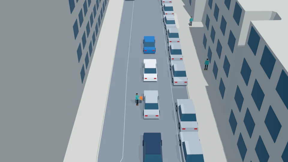 Roadway salesperson visits four queued cars from east to west rehearsal