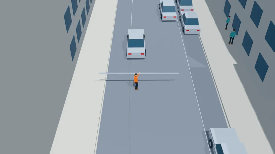 Shoulder-carried long pipe sweeps into the adjacent lane rehearsal