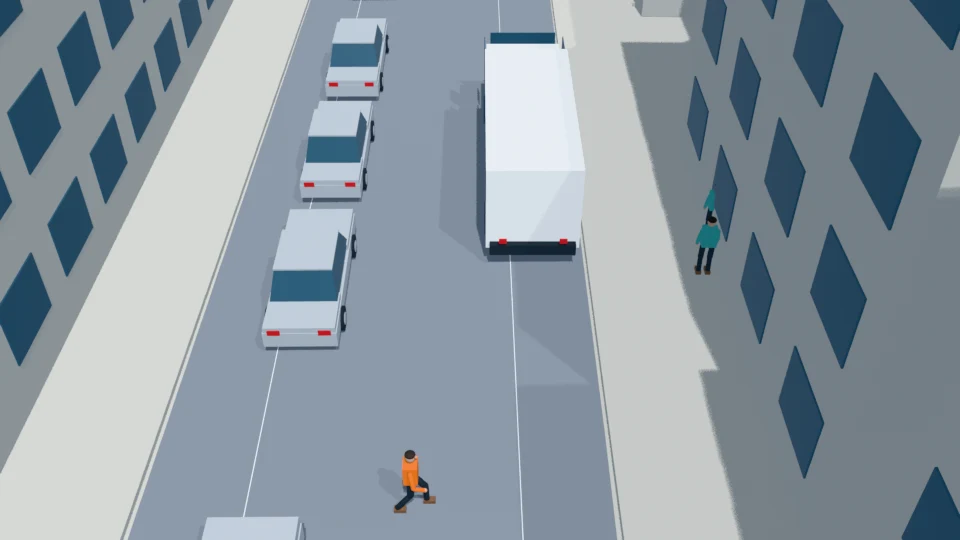 A pedestrian suddenly runs across the lane for a departing bus rehearsal