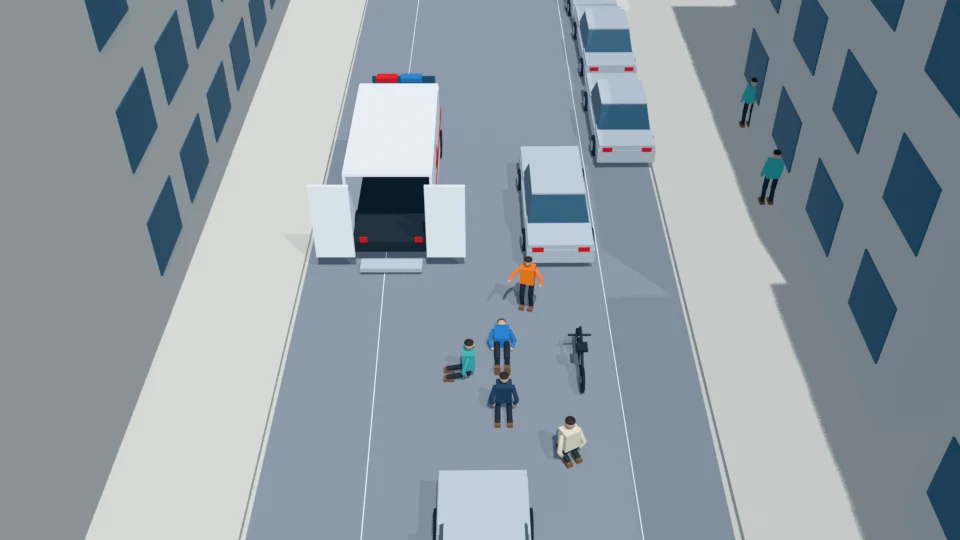 Fallen electric-bicycle rider with bystanders and ambulance crew rehearsal