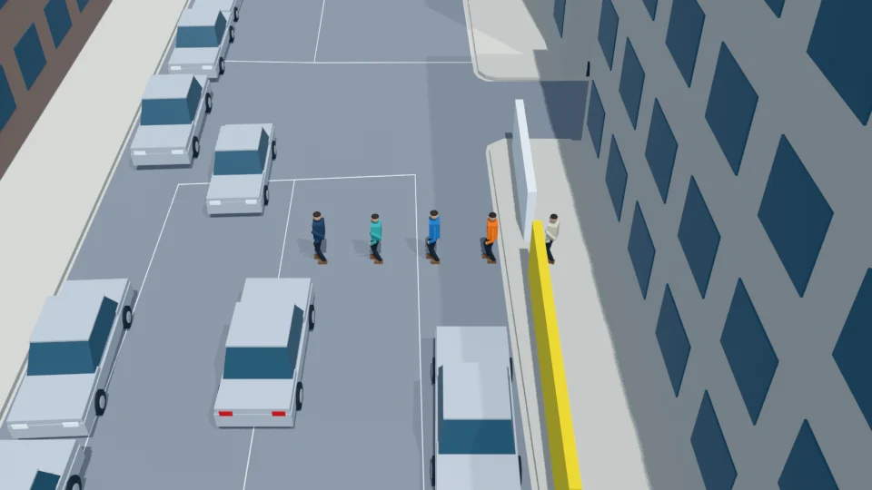 Single-file emergence through a construction barrier gap rehearsal