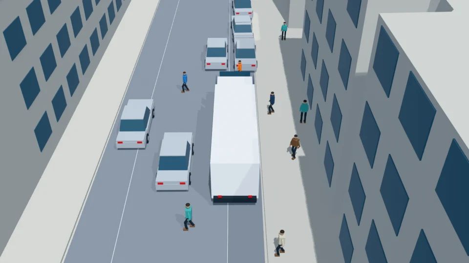 Bus passengers circulate around both ends during a stop rehearsal