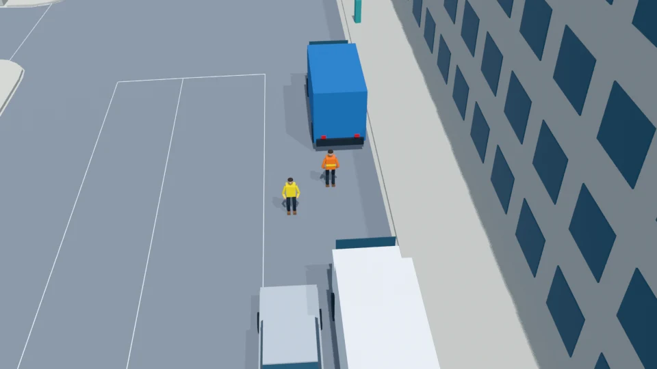 Two right-side trucks with workers walking back and forth between them rehearsal