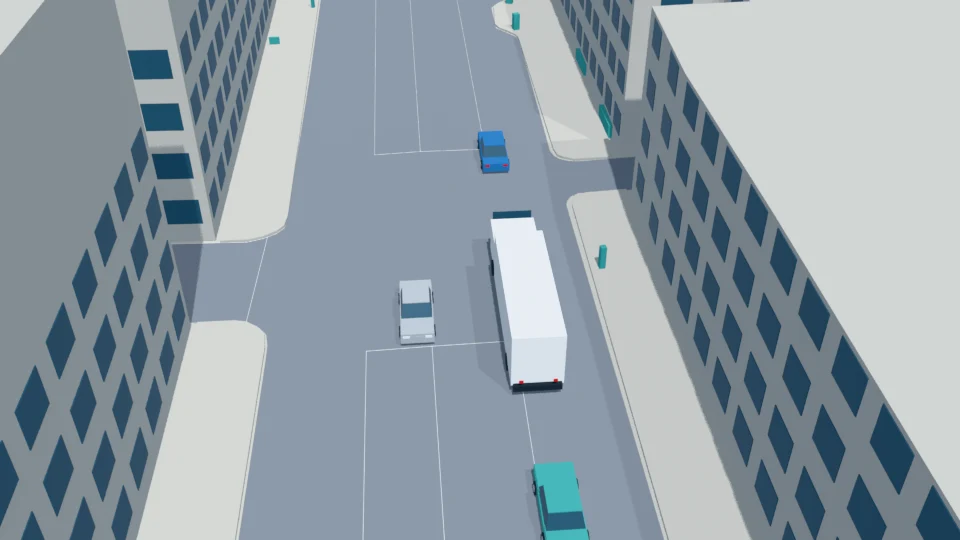 Long-bodied truck proceeding with surrounding traffic rehearsal