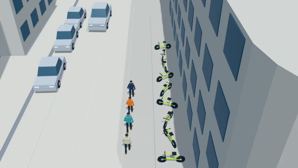 Shared bicycles block the sidewalk and force an eastbound detour rehearsal